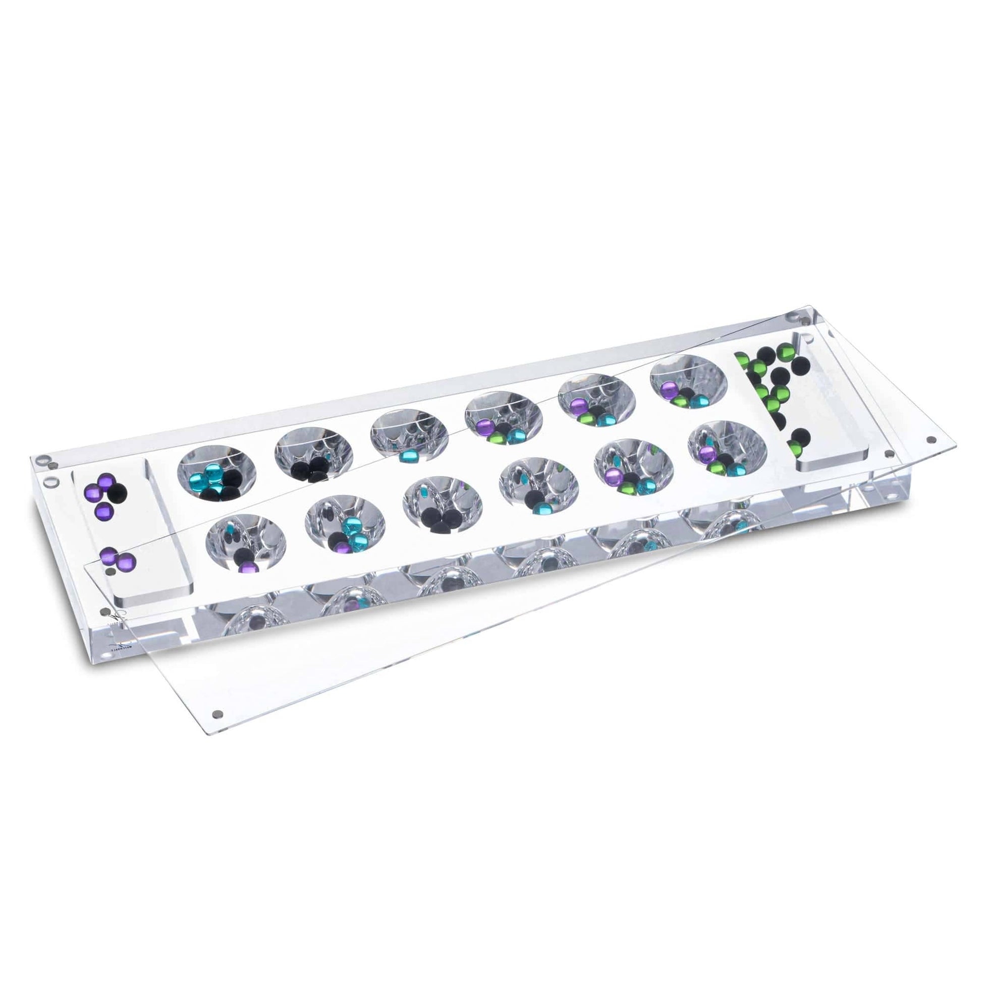 Modern Lucite Mancala game with clear acrylic board, 48 colorful glass pieces, and magnetic cover.