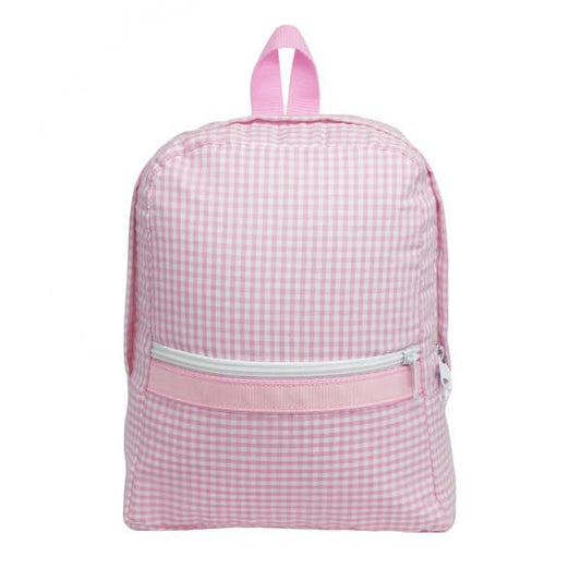 Pretty in Pack pink gingham small backpack for toddlers & fashionistas. Fits iPad, makeup, credit cards. Washable.