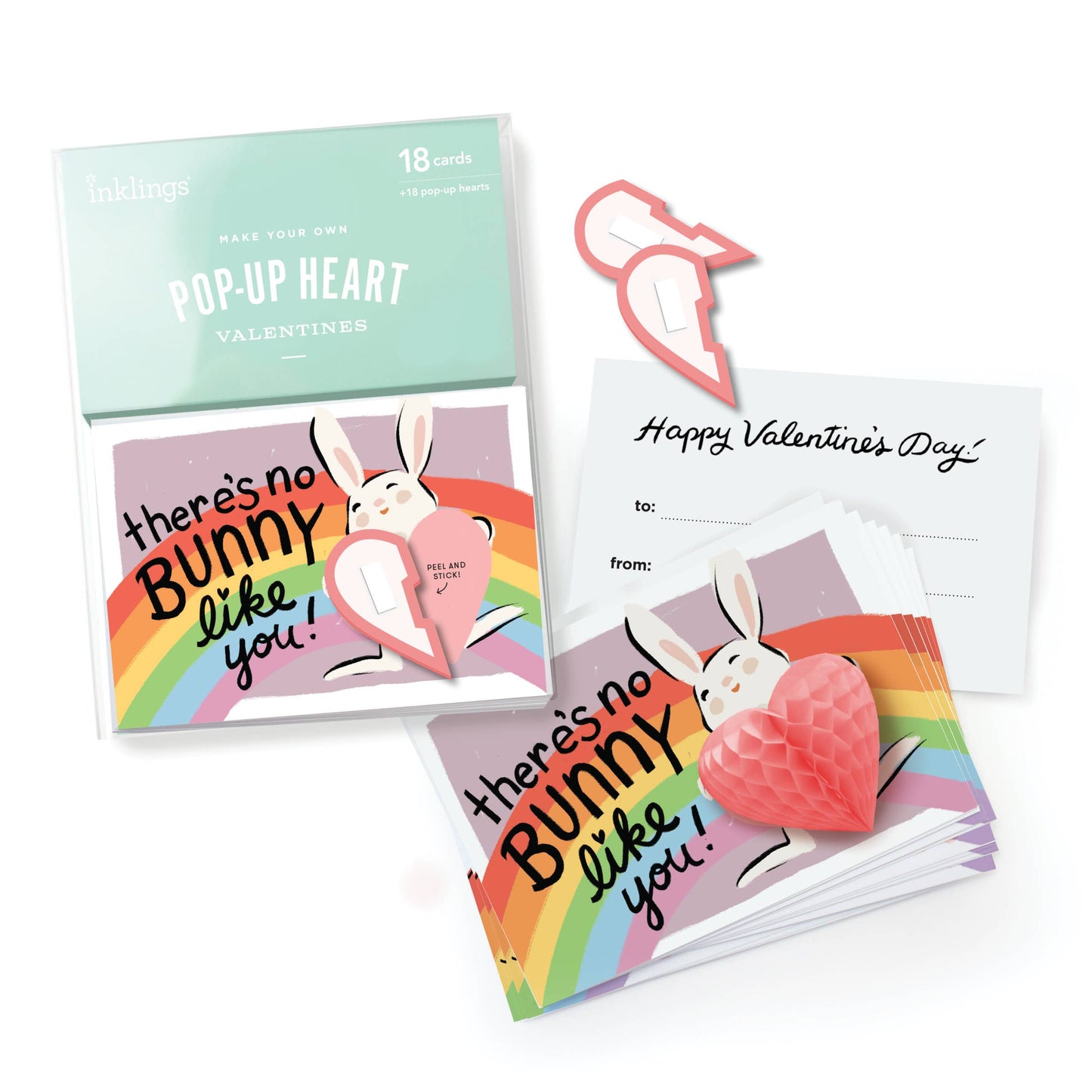 There's No Bunny Like You Pop-Up Valentines: 18 cards with pop-up tissue hearts, perfect for cute and interactive exchanges! Sustainably printed in the USA