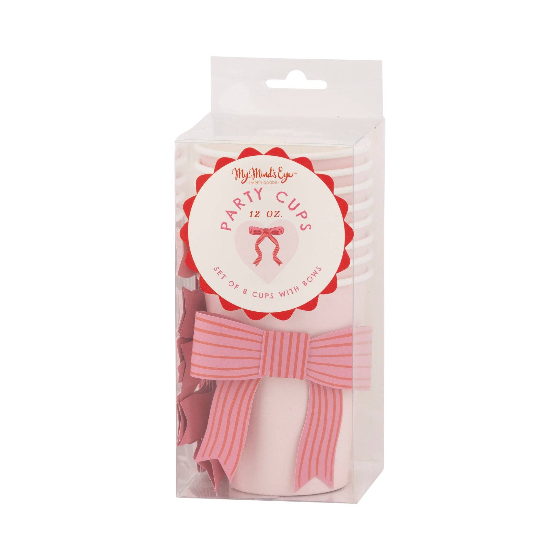 Valentine's Bow Party Cups, 8 cups per pack, 12 oz, 4.5" tall, with adhesive paper bow for a charming touch to your celebration.