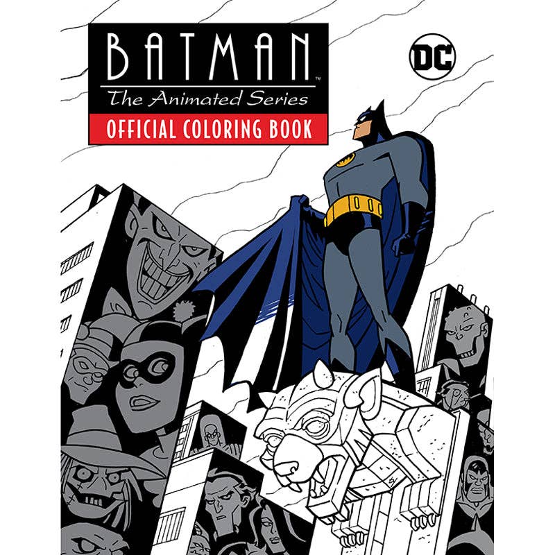 Batman: The Animated Series Official Coloring Book with over 60 iconic 'Dark Deco' illustrations featuring Gotham City’s heroes and villains, including Harley Quinn and The Joker. Perfect for fans celebrating Batman’s 85th anniversary.