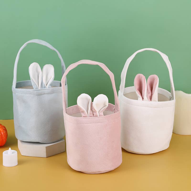 Easter Bunny Ears Basket with Handle – 13cm Bottom Diameter, 12cm Height, Plush Egg Hunt Tote for Kids