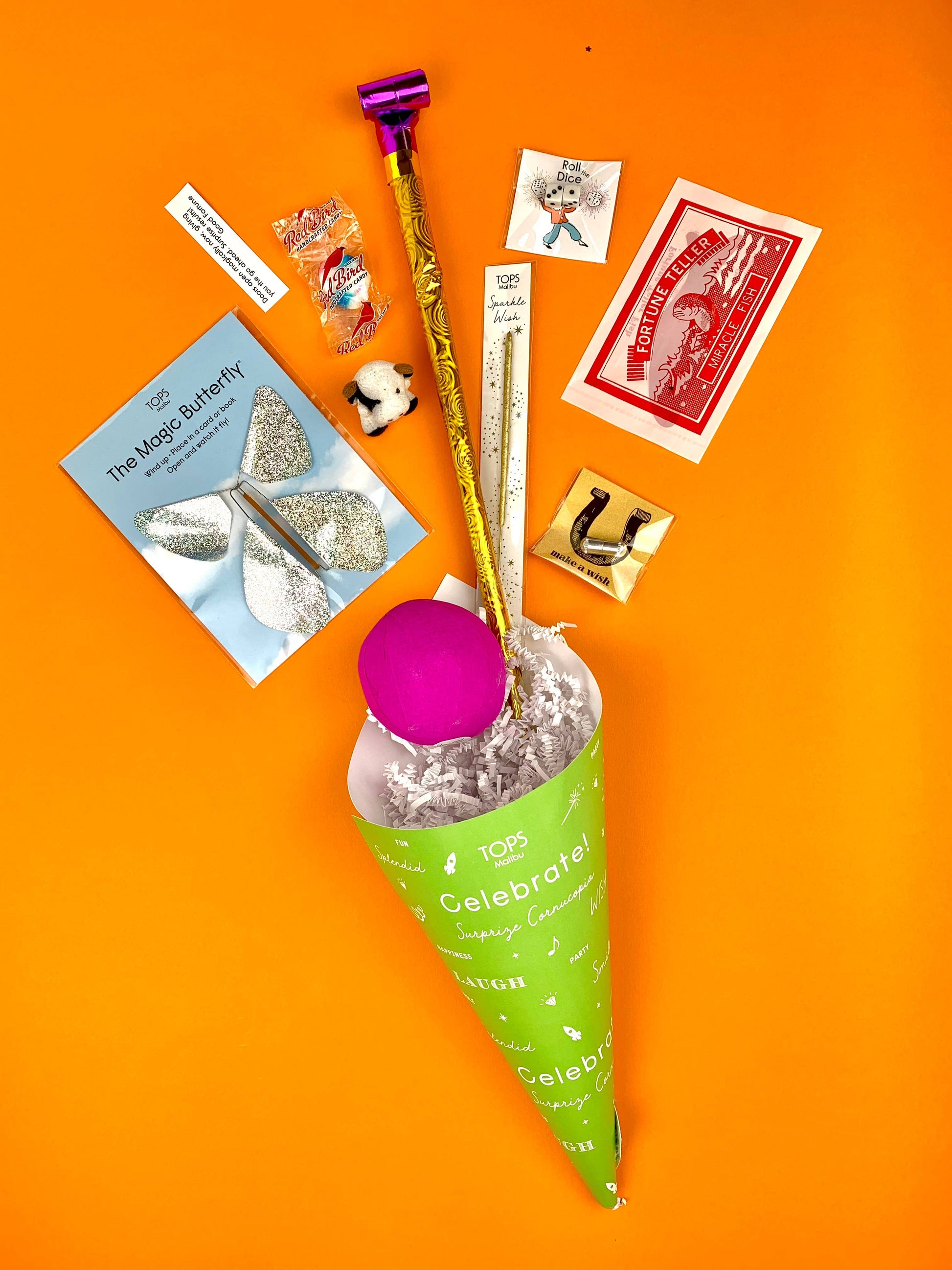 Valentine's Day Surprize Cornucopia filled with treasures like a Magic Butterfly®, crown, confetti pop, vintage toys, sweets, and more. A reusable cone for lasting memories.