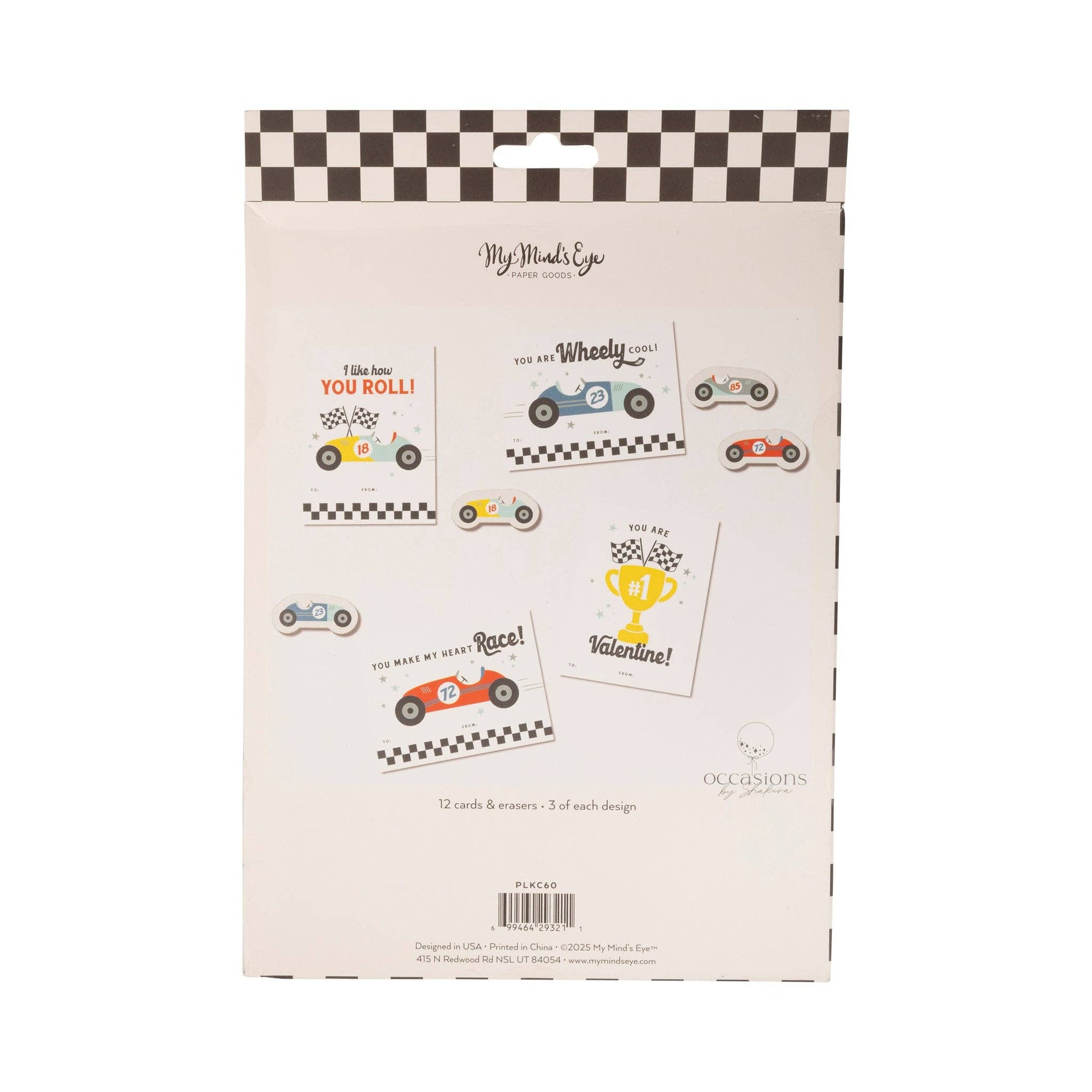 Race car-themed Valentine's Day cards with 12 cards and 12 erasers, perfect for kids to share with friends and classmates.