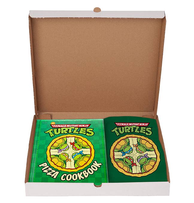 Teenage Mutant Ninja Turtles Pizza Cookbook Gift Set with over 60 pizza recipes, from classic New York Style to Shredder's Revenge. Includes iconic pizza box packaging and exclusive apron, perfect for TMNT fans and pizza lovers