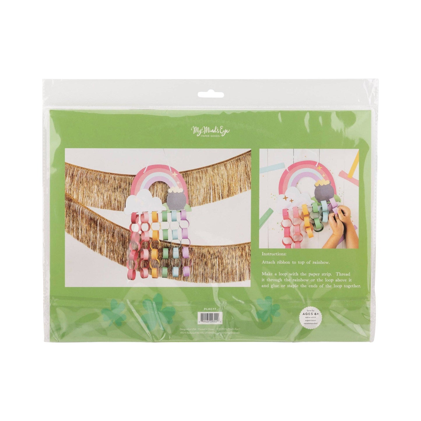 Rainbow Paper Chain Project – includes chipboard rainbow, ribbon, 48 paper pieces with gold foil, perfect for St. Patrick's Day crafts.