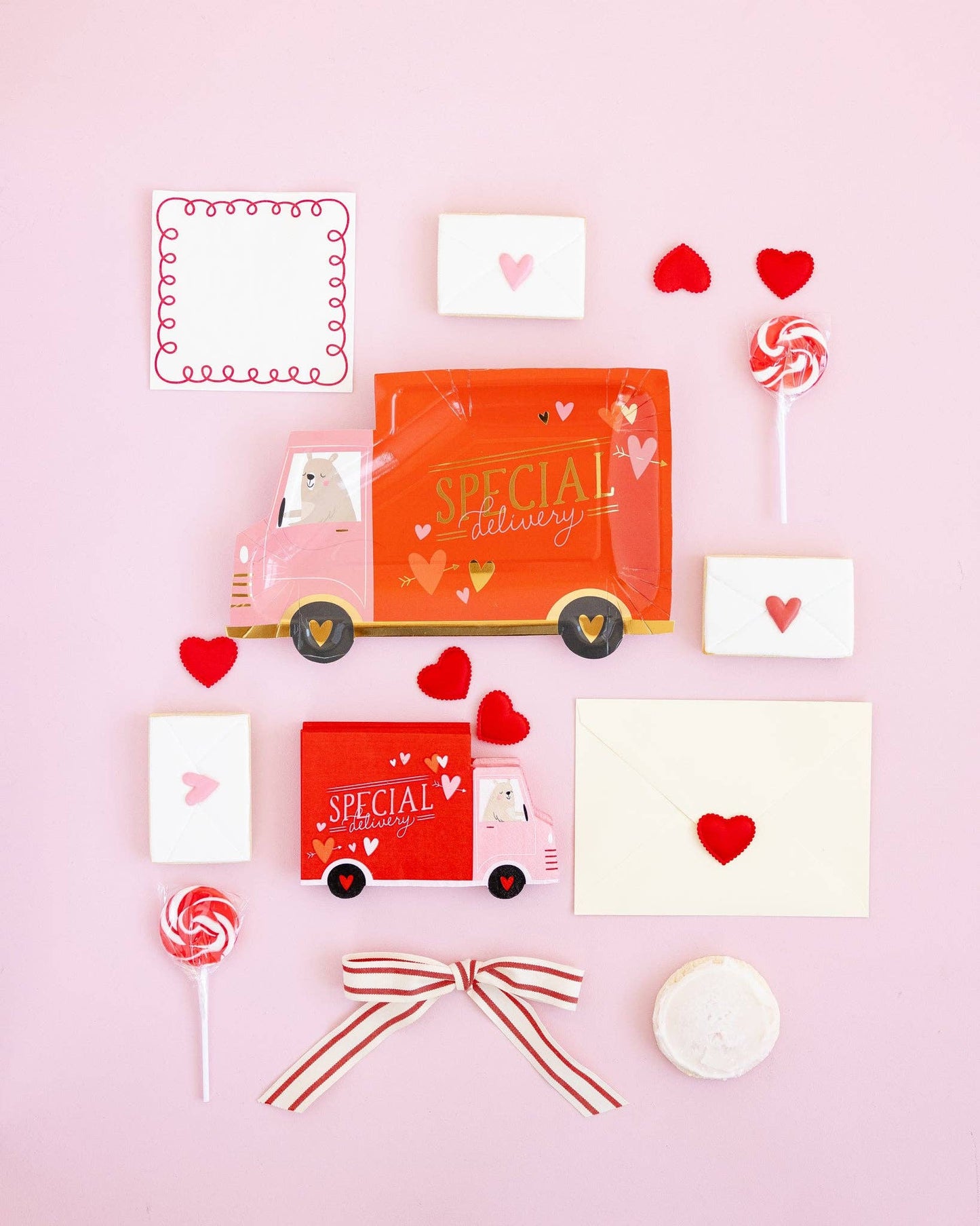 Valentine's Day delivery truck paper plates with gold foil, 8 plates per pack, 11x7 inches.