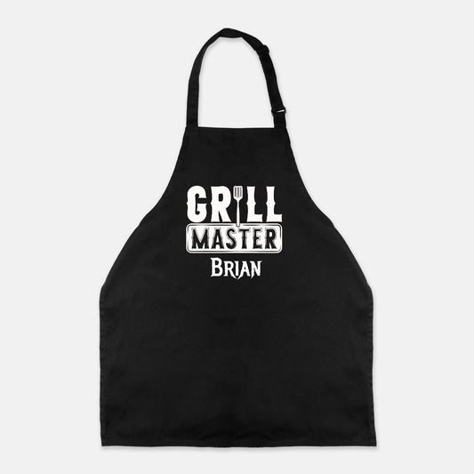 Personalized black kitchen apron with slider neck adjustment for easy sizing. Made from a 7.5 oz poly-cotton blend, featuring a one-sided 10.25"x10.25" design. Machine-washable for convenience, perfect for chefs and home cooks. Add your name for customization.