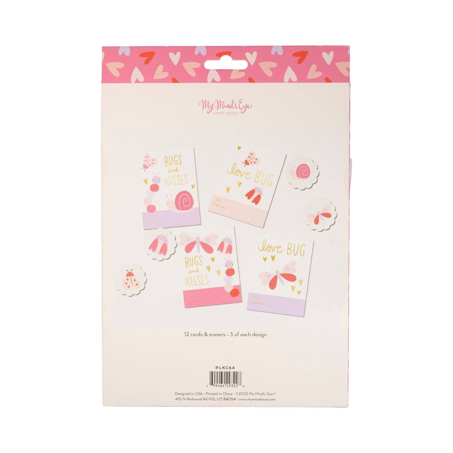 Love Bug Valentine's Day cards with 12 cards and 12 erasers, featuring cute love bug designs for kids to share.