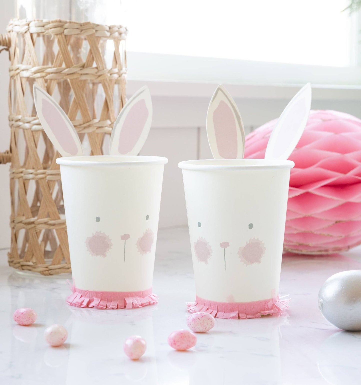 Set of 8 Bunny Cups – 12oz, 4.5" tall with tissue fringe collar, perfect for spring parties & animal lovers.