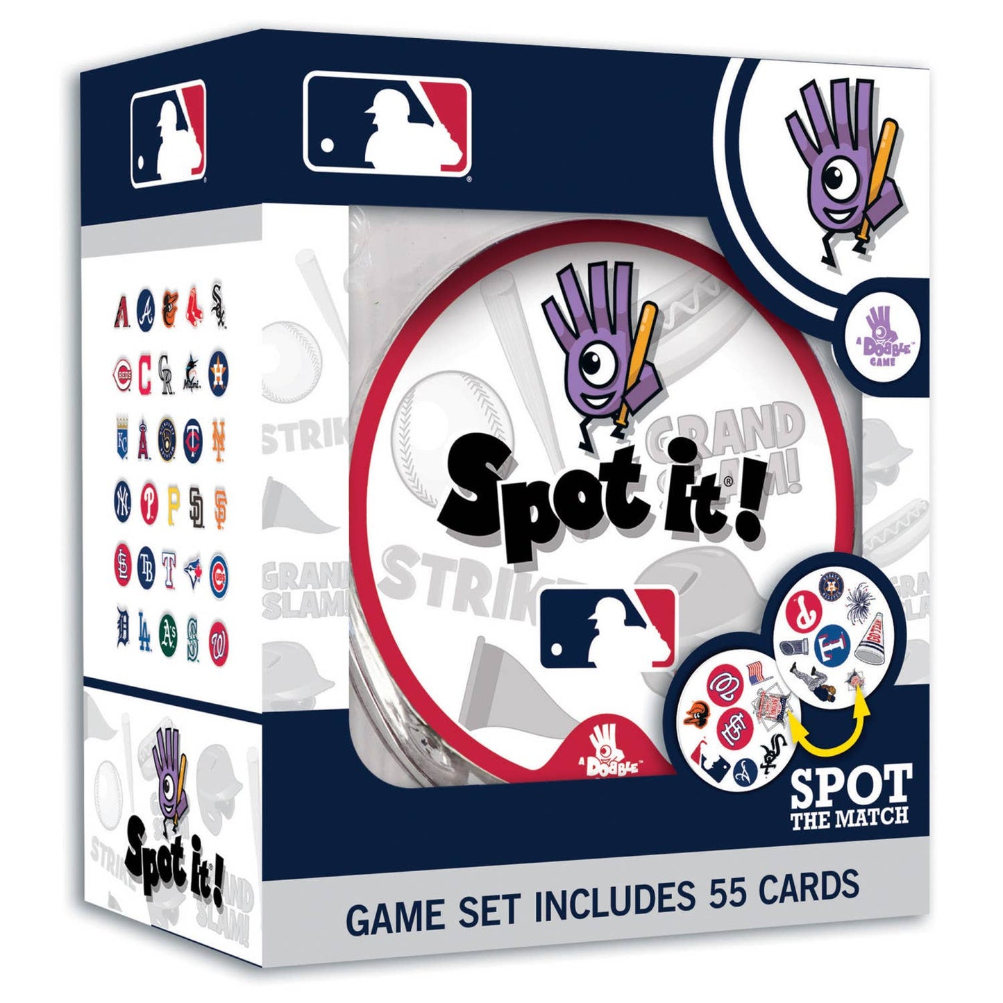 Spot It! MLB League Edition, 55 cards & 5 mini-games for family fun, ages 7+, quick 5-10 min play.