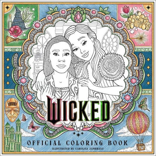 Official Wicked coloring book with Elphaba, Glinda, and iconic scenes from Universal's cinematic event.