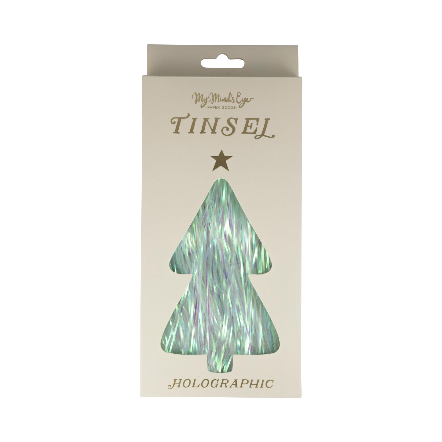 Holographic Tinsel for Christmas trees, measuring 18 inches long with 1000 pieces per package, perfect for adding sparkle to holiday decorations.