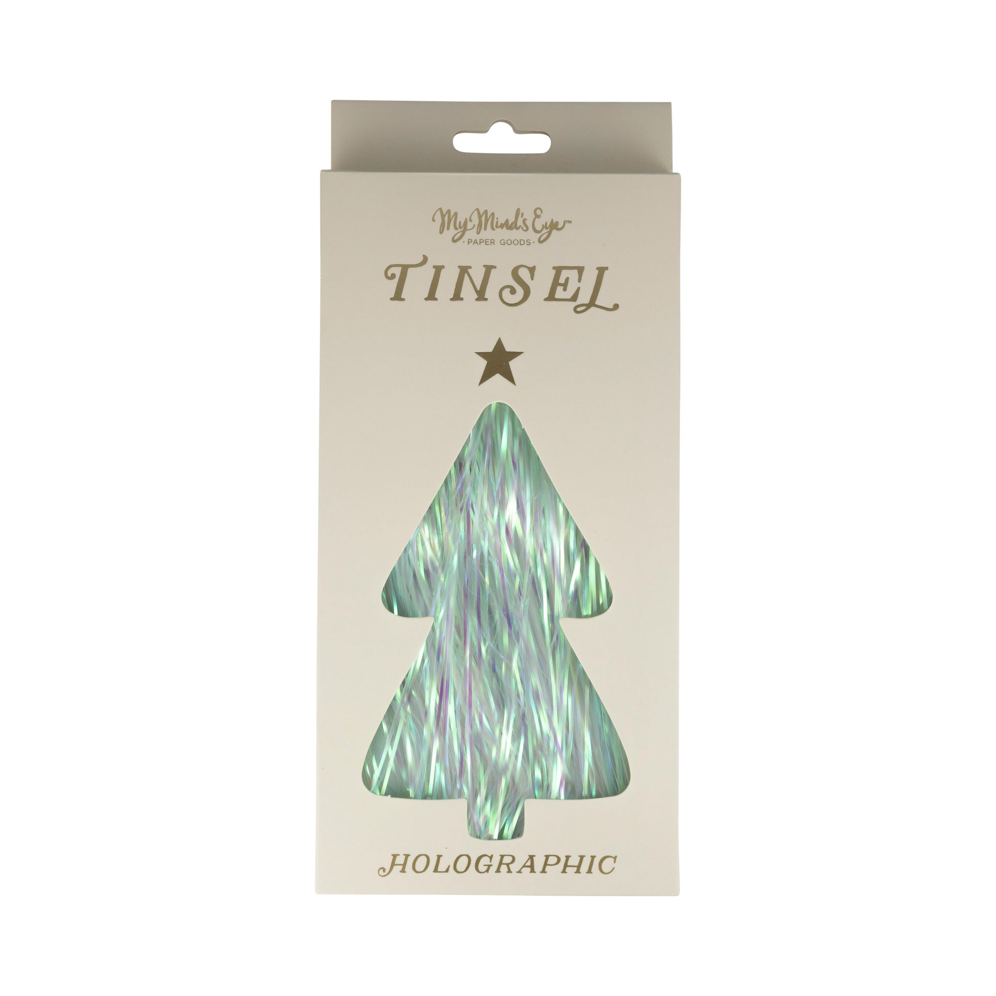 Holographic Tinsel for Christmas trees, measuring 18 inches long with 1000 pieces per package, perfect for adding sparkle to holiday decorations.