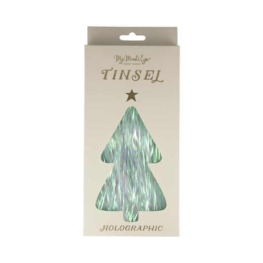 Holographic Tinsel for Christmas trees, measuring 18 inches long with 1000 pieces per package, perfect for adding sparkle to holiday decorations.