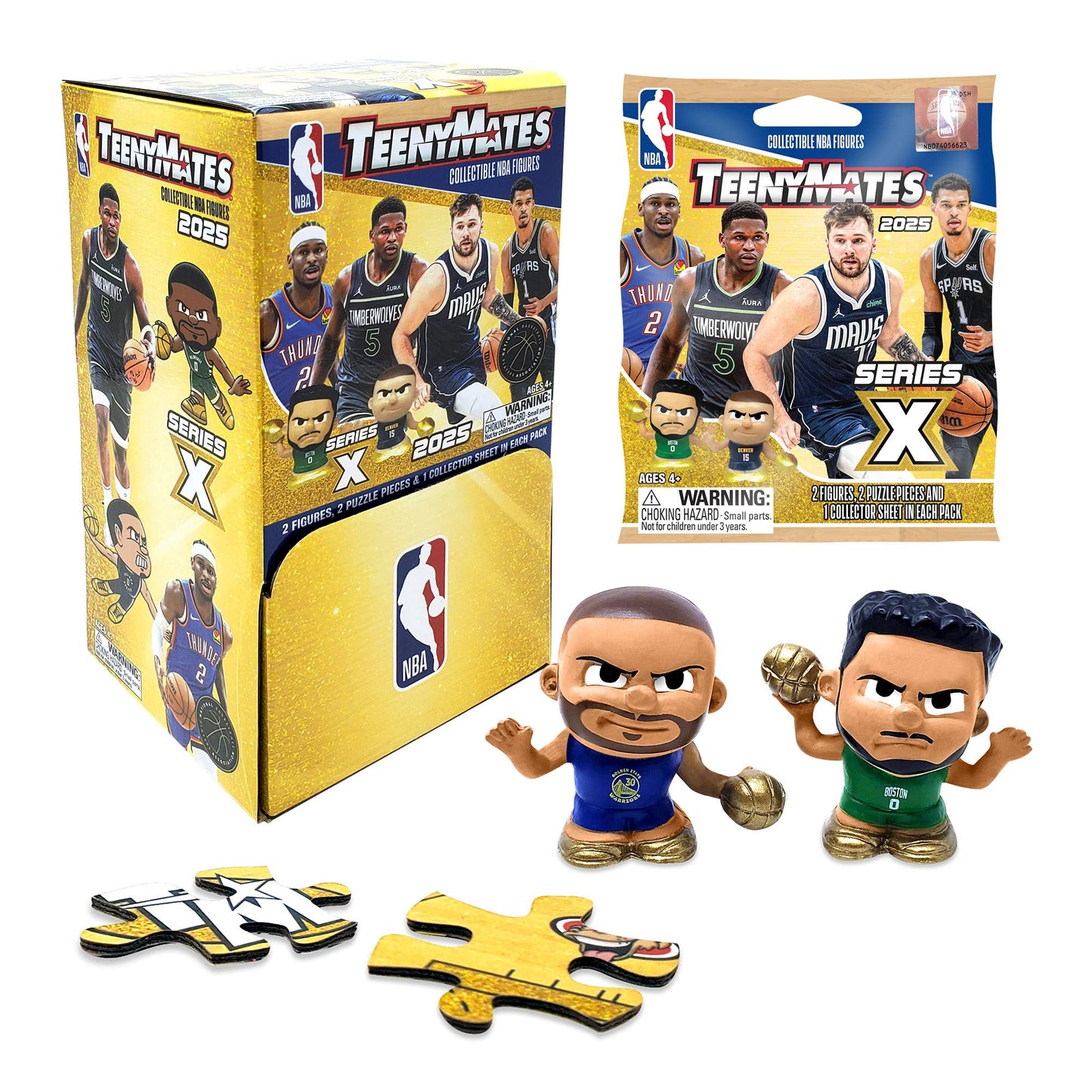 NBA TeenyMates 1" collectible figures, 2 random figures per pack, 32 blind packs, includes puzzle pieces.