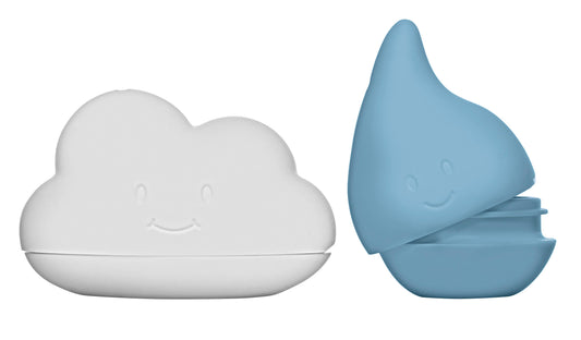 Cloud and droplet bath toys set, water play, easy open-close, ergonomic design, dishwasher safe, baby.