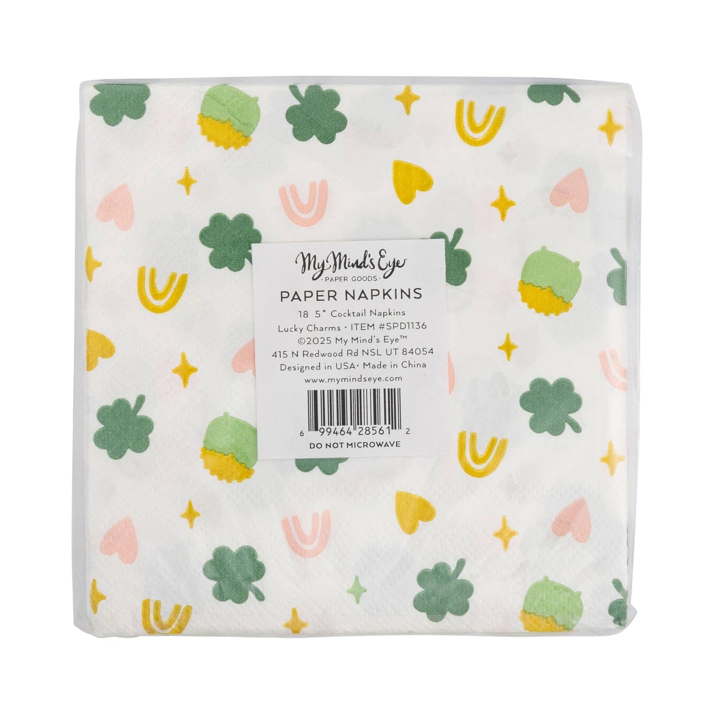 Set of 18 Lucky Charm Cocktail Napkins – 5"x5", shaped with gold foil, perfect for St. Patrick's Day celebrations.