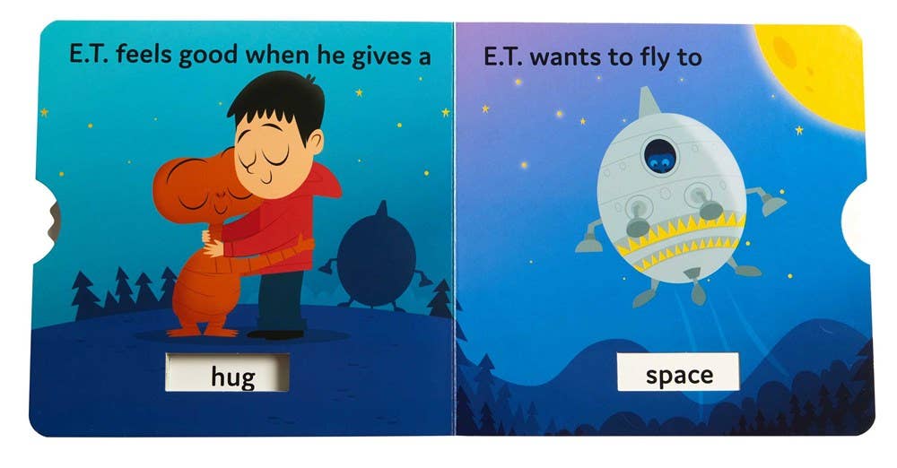 E.T.'s First Words board book for early learners with interactive wheels for language development, featuring iconic scenes from E.T. the Extra-Terrestrial. Kids learn words like 'read,' 'candy,' and 'home' in a playful, nostalgic format.