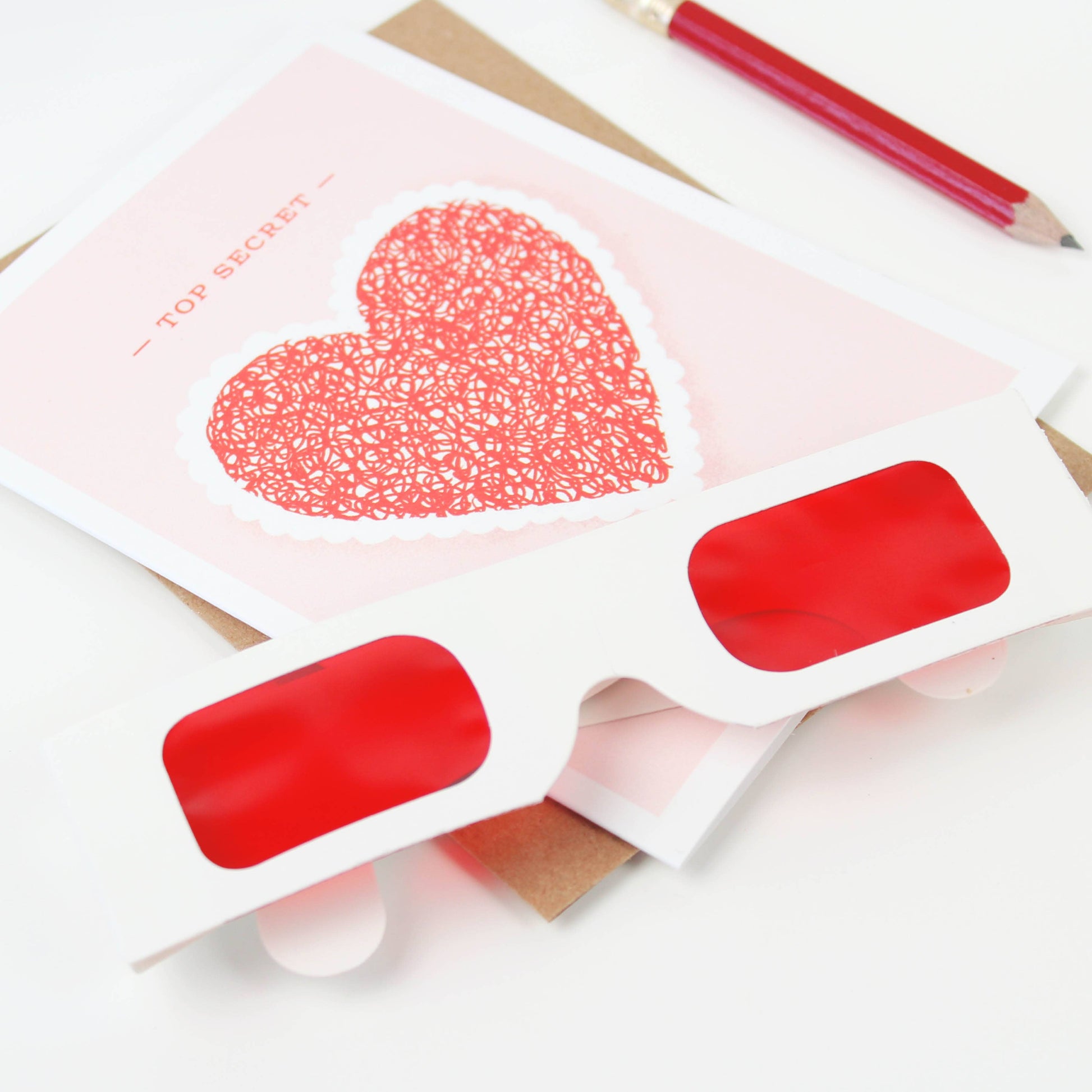 Decoder greeting card with red decoder glasses, hidden message, blank inside, kraft envelope, fun for all ages