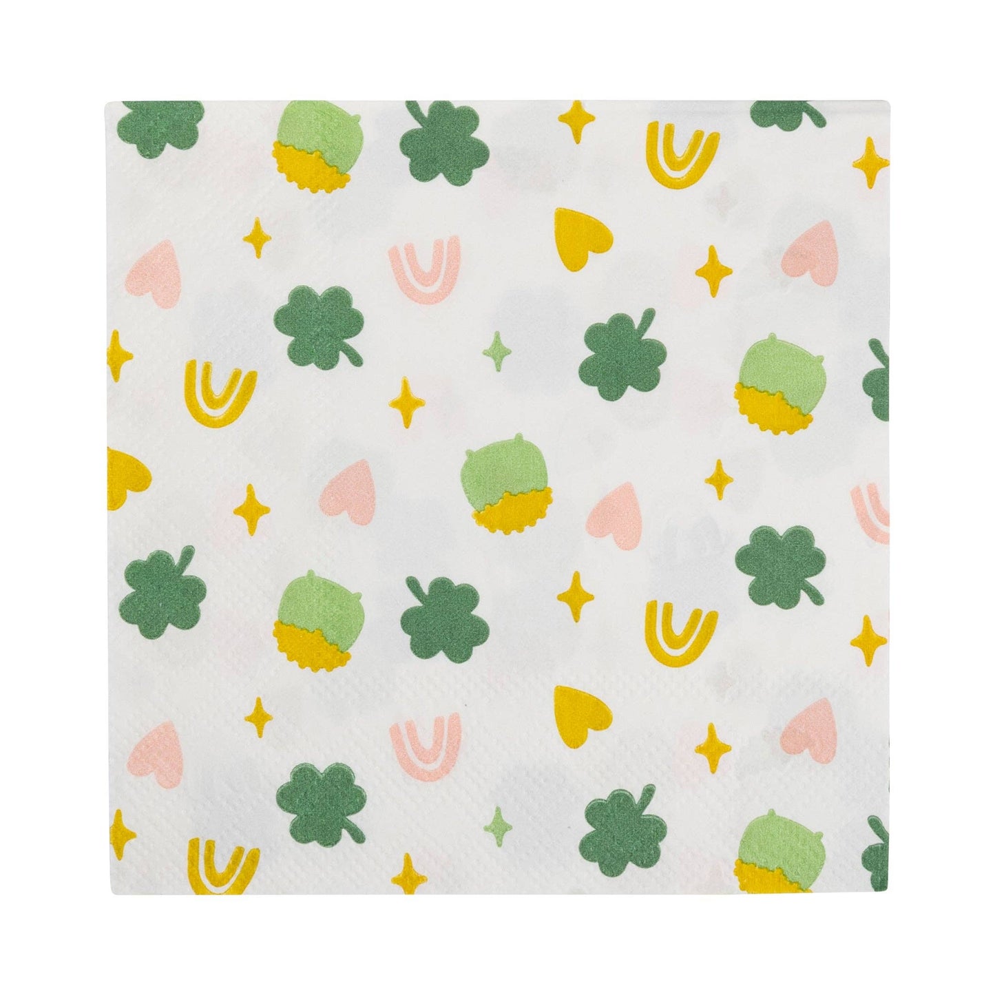 Set of 18 Lucky Charm Cocktail Napkins – 5"x5", shaped with gold foil, perfect for St. Patrick's Day celebrations.