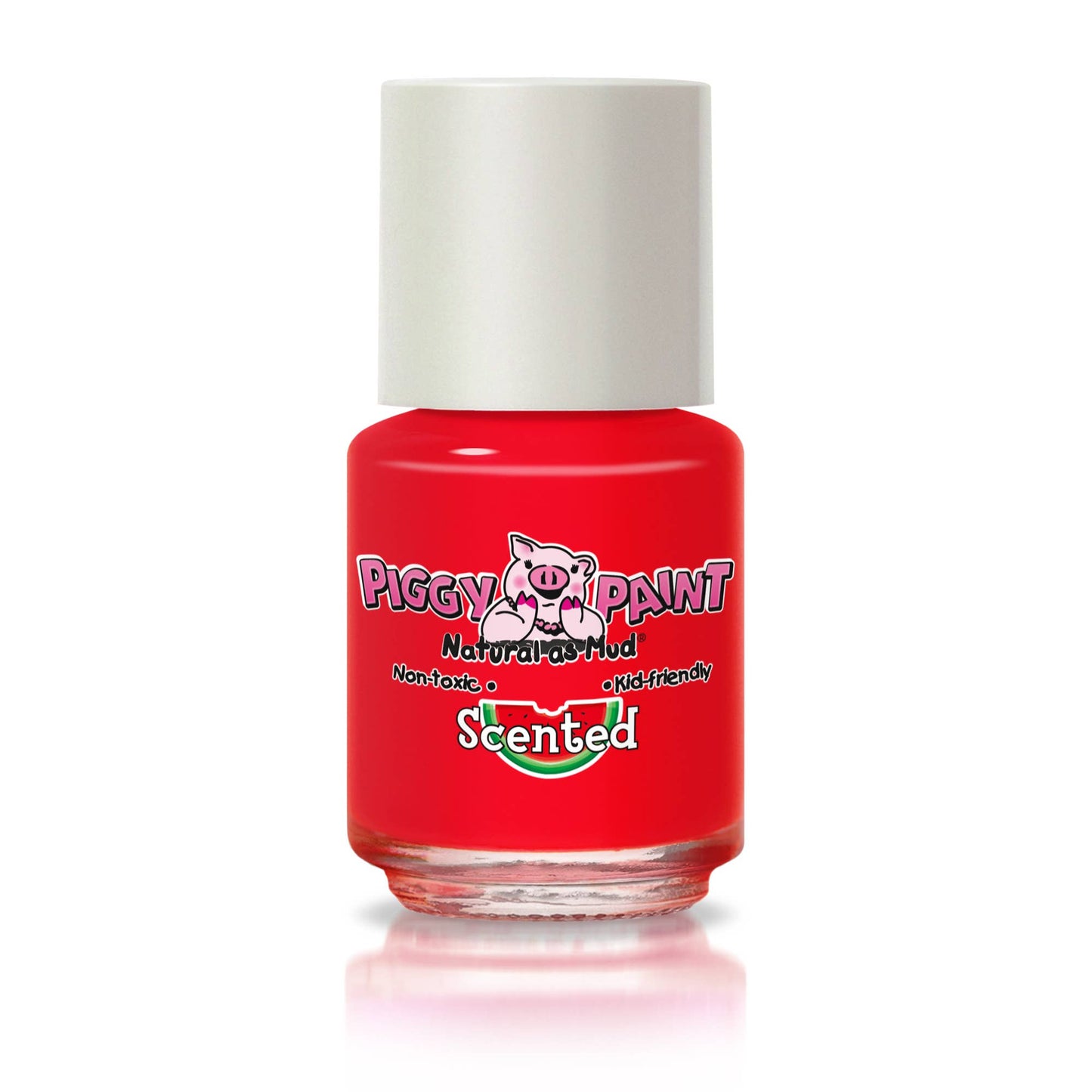 Mini scented Wacky Watermelon nail polish by Piggy Paint, featuring a non-toxic, water-based formula that is cruelty-free, vegan, and kid-friendly. Safe for pregnancy, this polish offers vibrant watermelon color and a sweet scent.