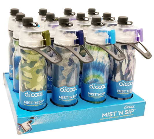 Assorted water bottles in Green Camo, Blue Camo, Blue Tie Dye, and Purple Watercolor. Perfect for outdoor activities, these bottles feature a high flow rate and fine mist to cool you down. Made from food-safe, BPA-free plastic with double-wall insulation to keep beverages colder longer.