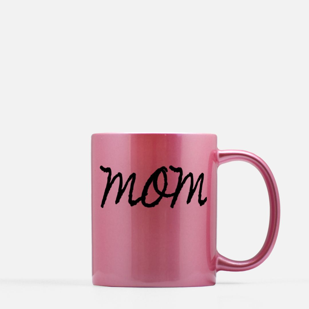 Classic ceramic mug in brilliant pink metallic, holding 11oz of your favorite warm beverage. Features one or two-sided design. Measures 3.75" (H) x 3.25" (W). Hand wash only. Not dishwasher or microwave-safe. Perfect for stylish coffee or tea drinking