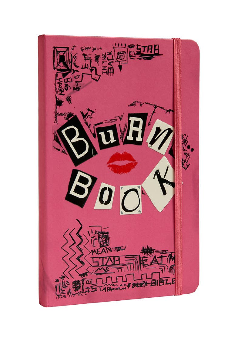 Mean Girls Burn Book Journal with 192 ruled pages, ribbon placeholder, elastic band, and back pocket for keepsakes. Inspired by the iconic 2004 movie, perfect for fans to jot down thoughts, quotes, and memories.