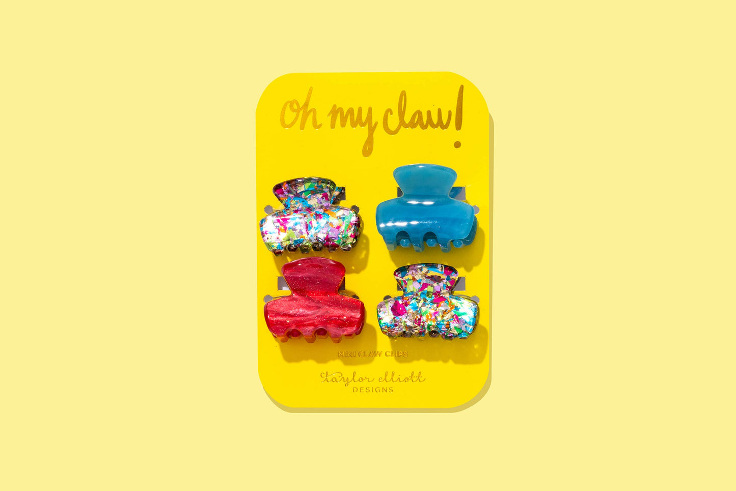 Colorful Mini Claw Clips set of 4 with confetti designs, pink & blue clips, perfect for everyday wear & gifts.