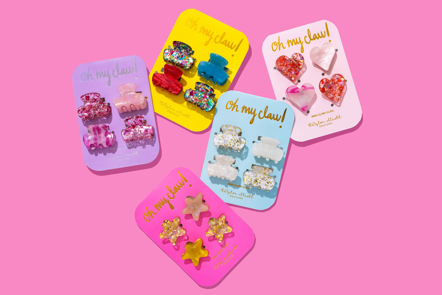 Colorful Mini Claw Clips set of 4 with confetti designs, pink & blue clips, perfect for everyday wear & gifts.