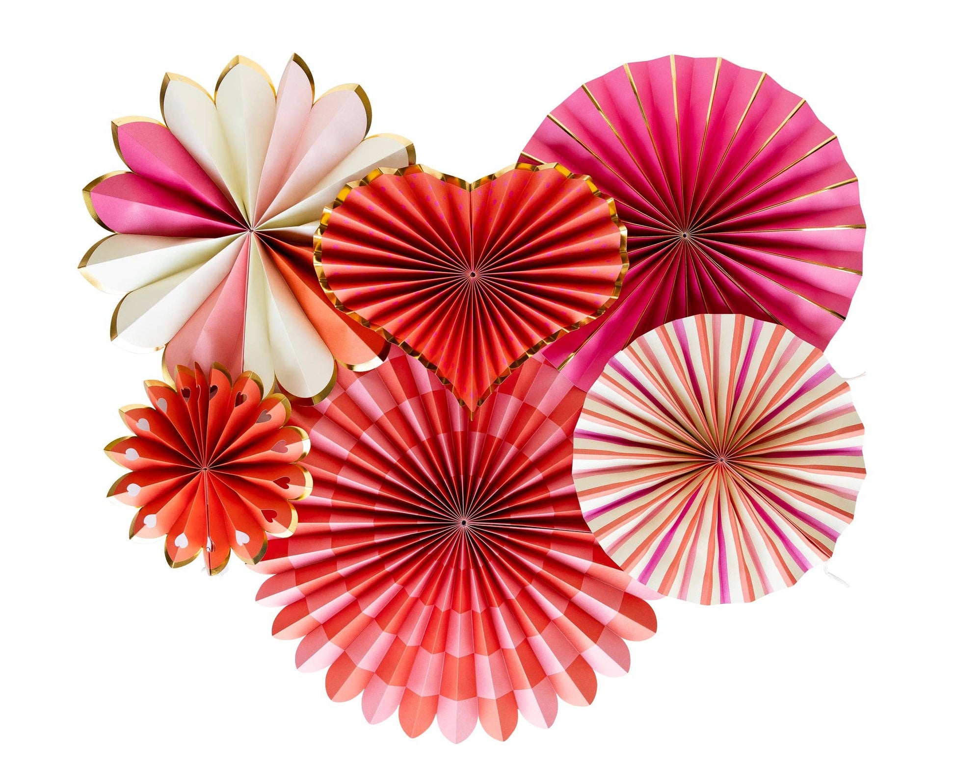 Valentine's Day paper fan set with 6 assorted double-sided fans, gold foil accents, and heart designs.