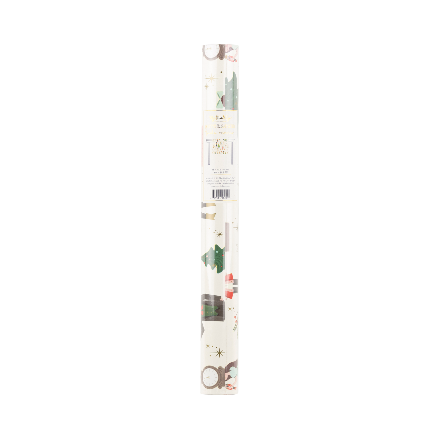 Nutcracker table runner measuring 16 x 120 inches, featuring gold metallic ink, perfect for adding whimsy and charm to holiday gatherings and family celebrations.