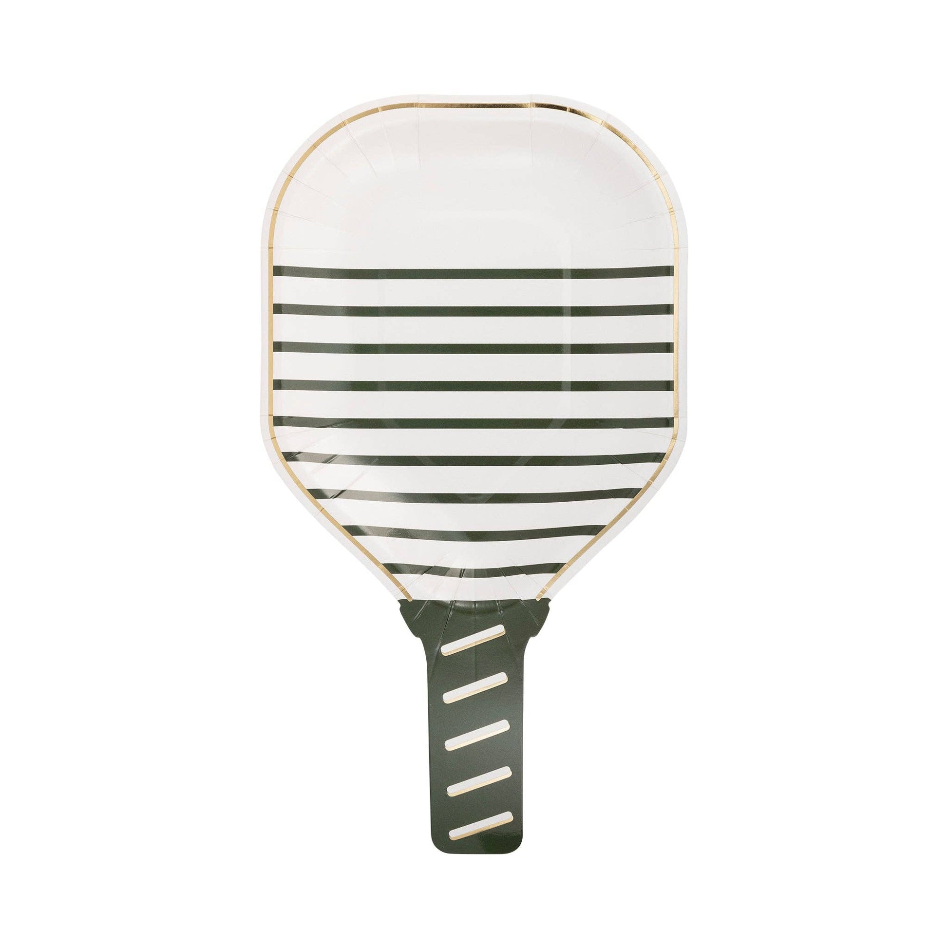 Stylish white paddle-shaped plates featuring gold foil accents, ideal for serving snacks and treats at parties. Each plate measures 6" x 11" and comes in a pack of 8, making them perfect for pickleball-themed gatherings or festive events.