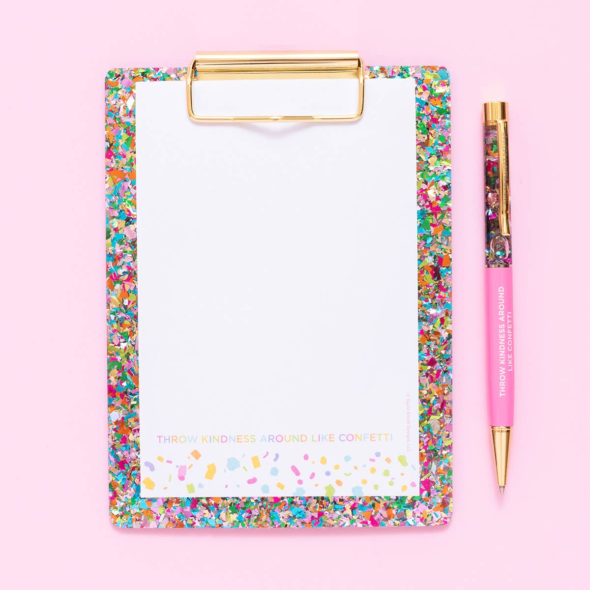 Colorful confetti desk collection with acrylic clipboard, notepad, and more, perfect for home, office, and school, featuring 'Throw Kindness Around Like Confetti'.