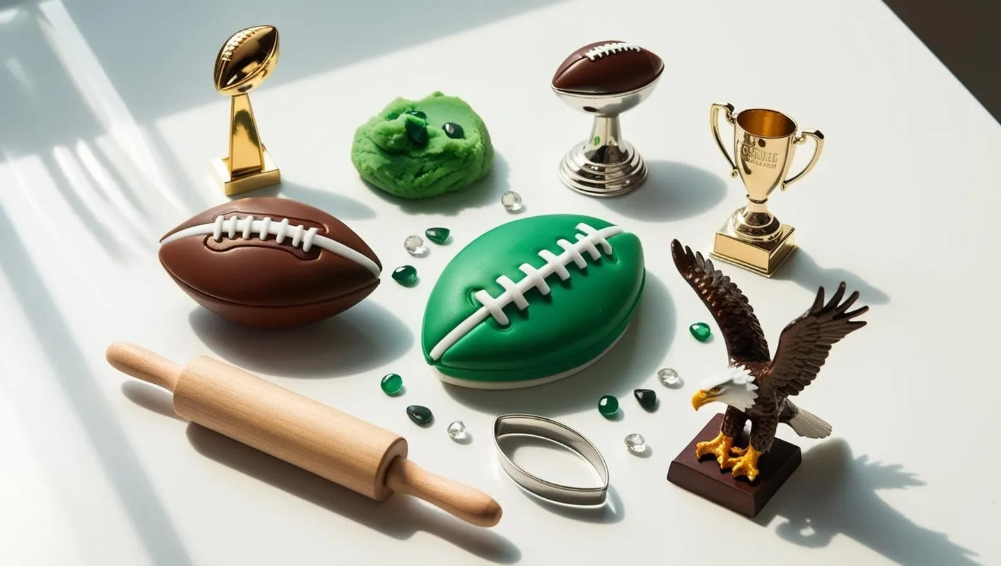 Super Bowl Sensory Kit with team colors, football-themed playdough, sensory bin toys, perfect for kids' creative play and game day fun.
