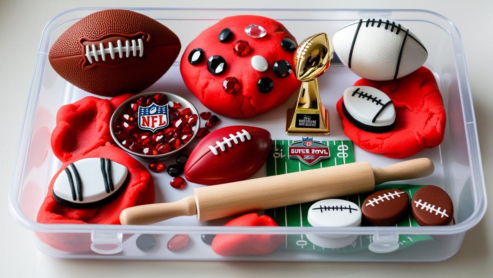 Super Bowl Sensory Kit with team colors, football-themed playdough, sensory bin toys, perfect for kids' creative play and game day fun.