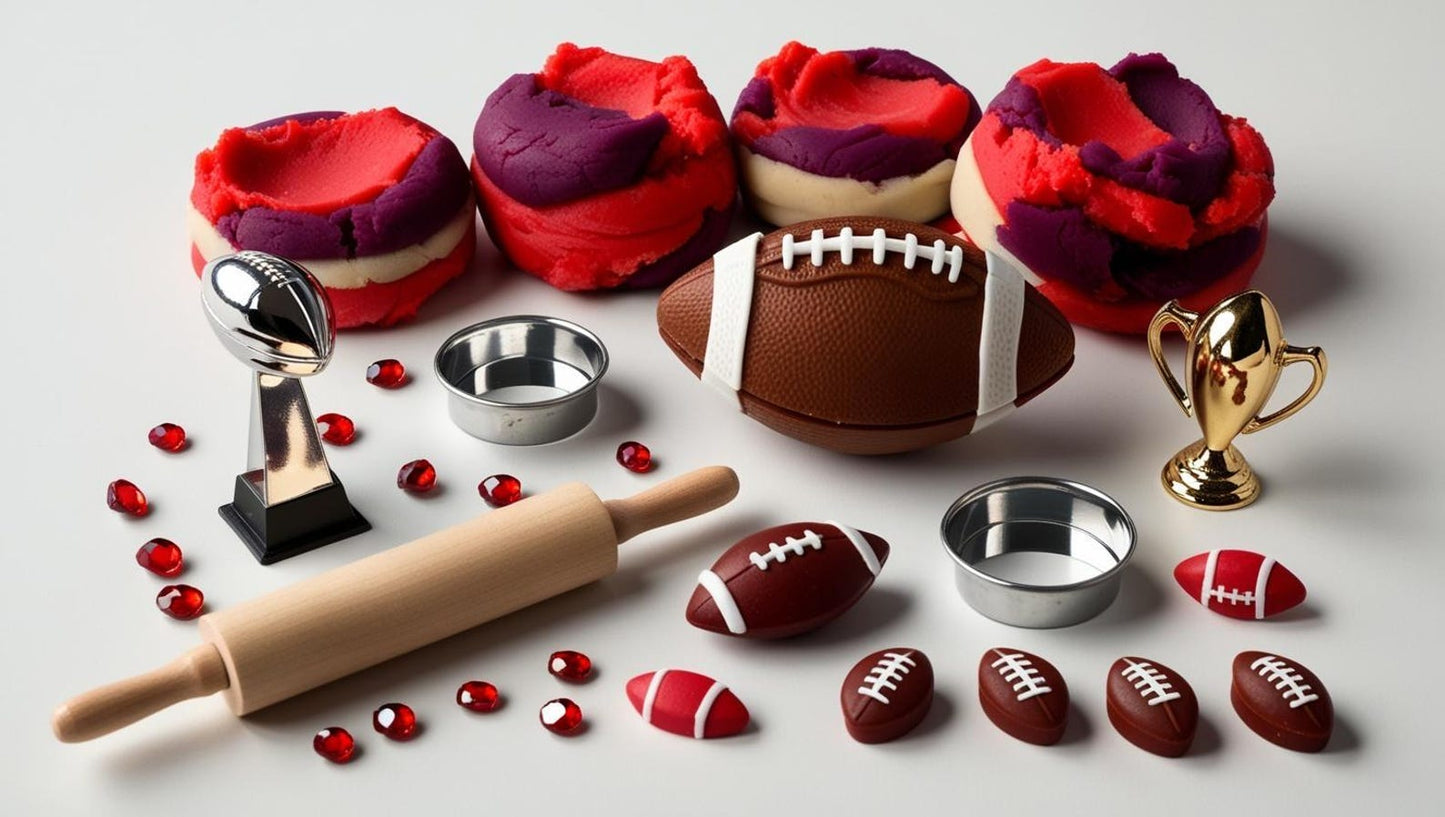 Super Bowl Sensory Kit with team colors, football-themed playdough, sensory bin toys, perfect for kids' creative play and game day fun.