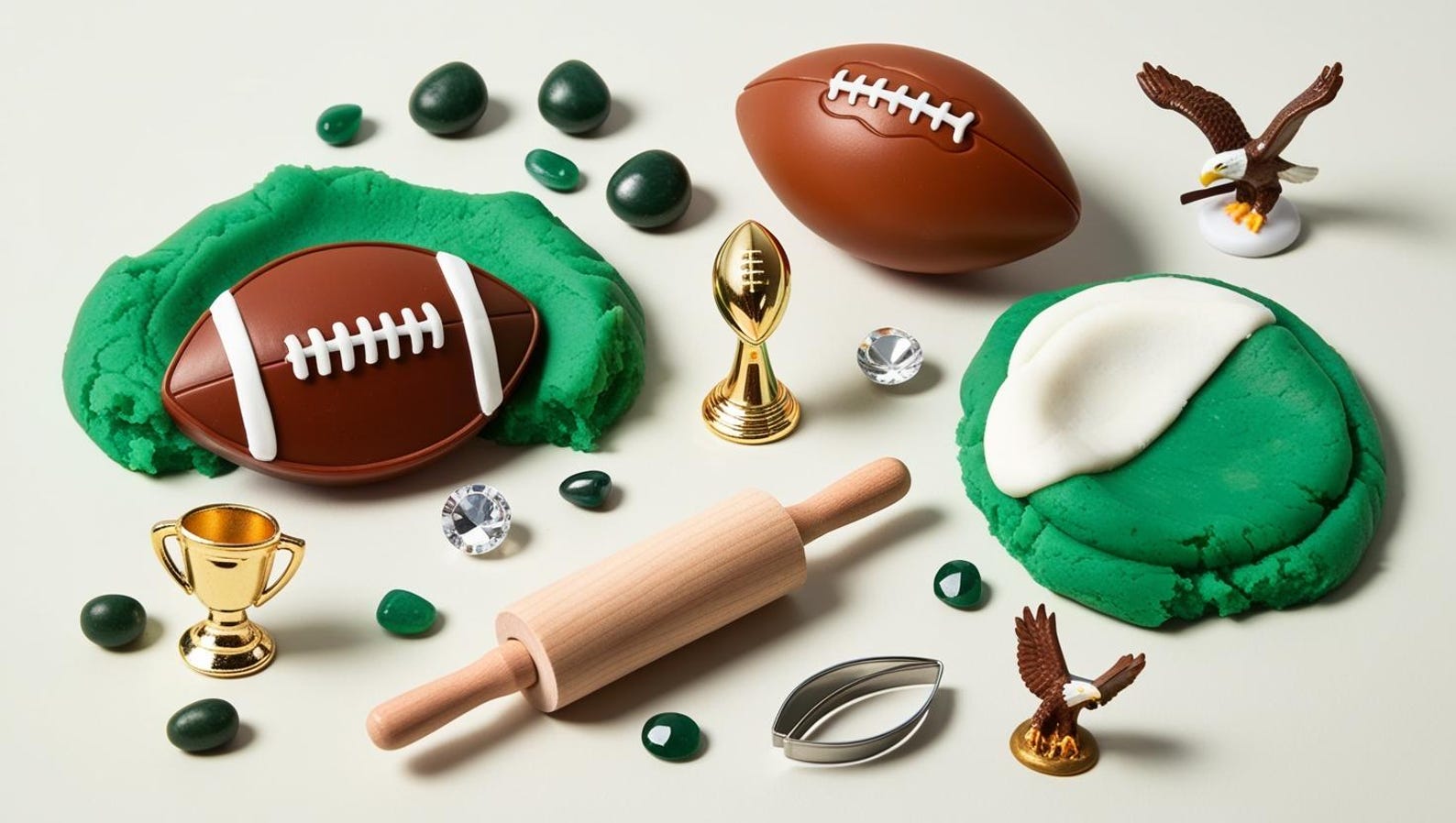 Super Bowl Sensory Kit with team colors, football-themed playdough, sensory bin toys, perfect for kids' creative play and game day fun.