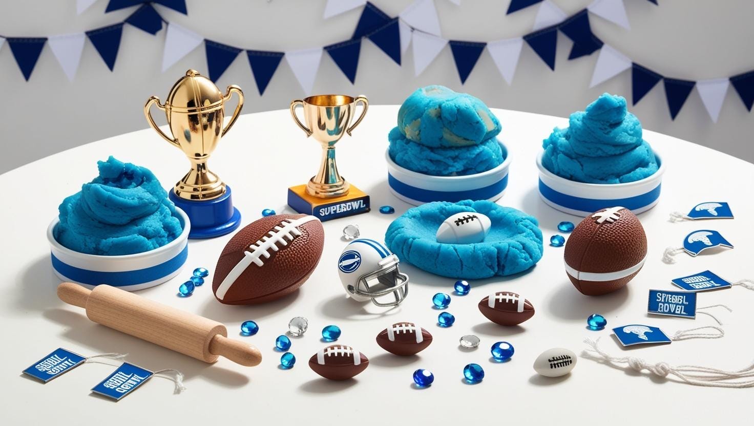 Super Bowl Sensory Kit with team colors, football-themed playdough, sensory bin toys, perfect for kids' creative play and game day fun.