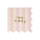 Colorful striped napkins with gold foil 'Happy Birthday' text, wavy edges, pack of 16.