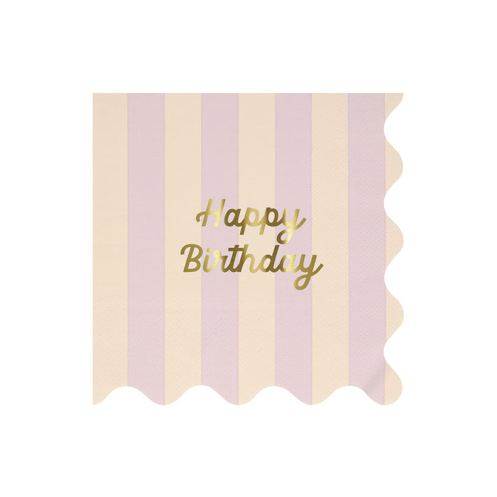 Colorful striped napkins with gold foil 'Happy Birthday' text, wavy edges, pack of 16.