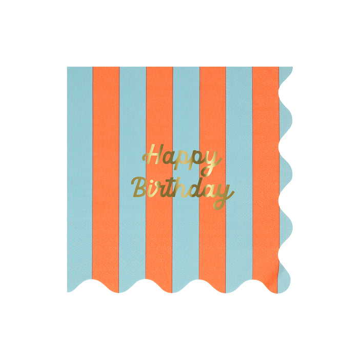 Bold striped napkins with gold foil 'Happy Birthday' text, wavy edges, pack of 16, 3-ply.