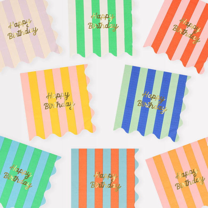 Colorful striped napkins with gold foil 'Happy Birthday' text, wavy edges, pack of 16.