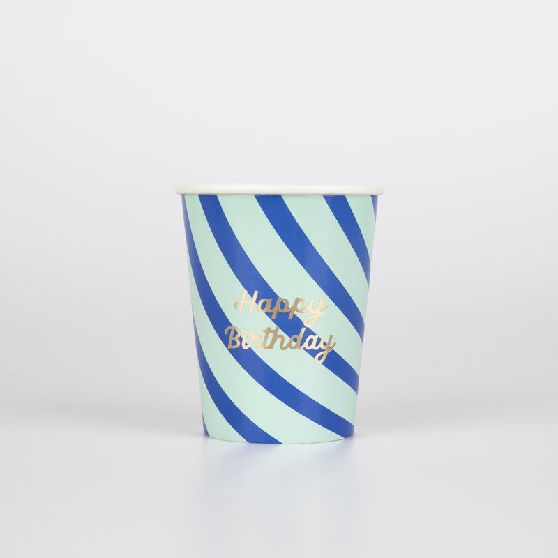 Colorful striped party cups with gold foil 'Happy Birthday' message, 9oz, pack of 8.