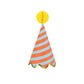 Bright striped party hats with honeycomb balls, gold foil details, and elastic cord, pack of 8."