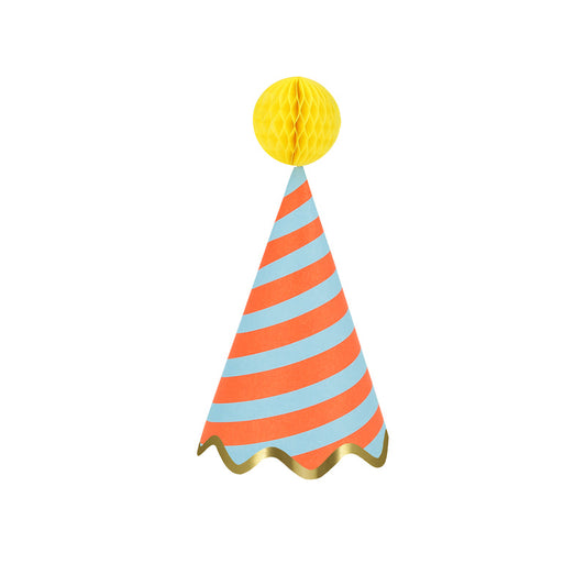 Bright striped party hats with honeycomb balls, gold foil details, and elastic cord, pack of 8."