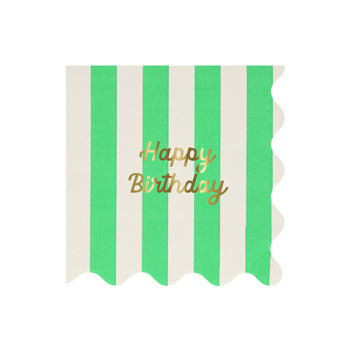 Colorful striped napkins with gold foil 'Happy Birthday' text, wavy edges, pack of 16.