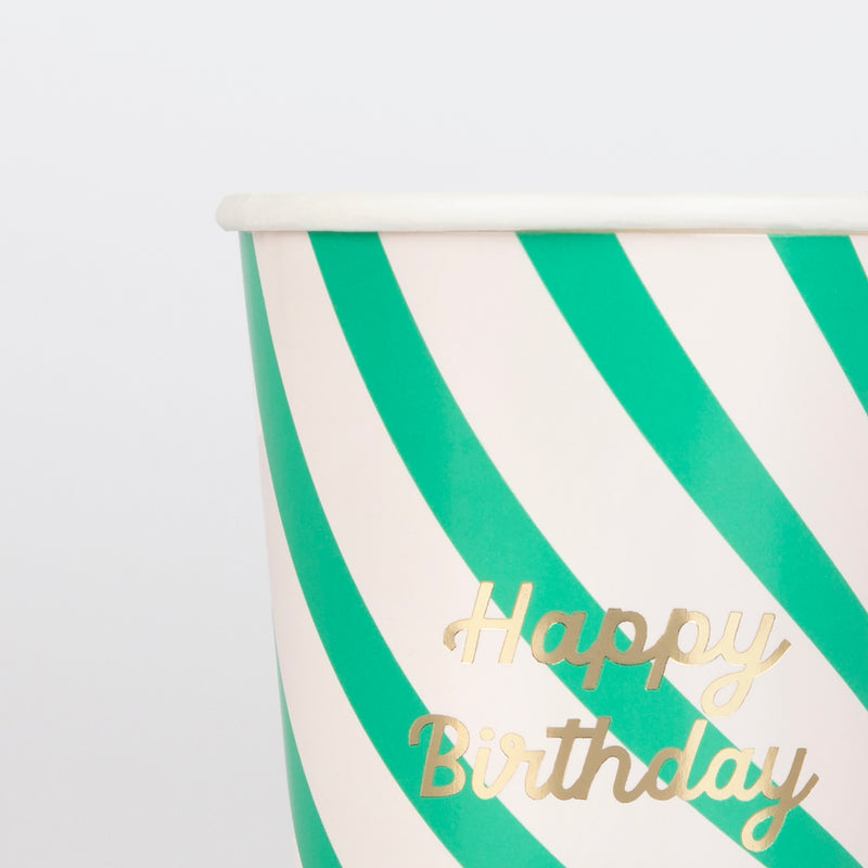 Colorful striped party cups with gold foil 'Happy Birthday' message, 9oz, pack of 8.