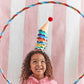 Bright striped party hats with honeycomb balls, gold foil details, and elastic cord, pack of 8."